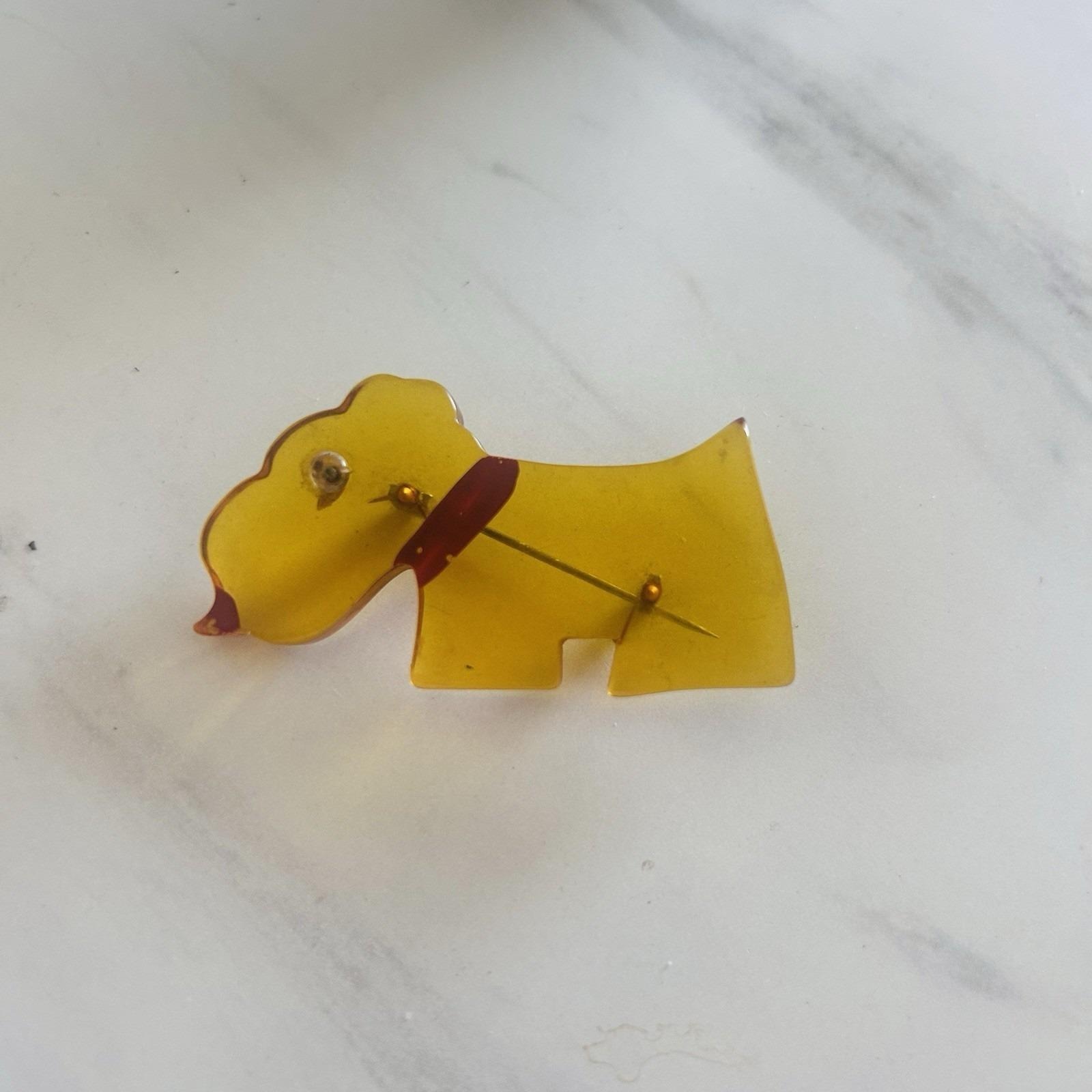 Vintage Butterscotch Bakelite Scotty Dog Brooch Pin Red Collar & Nose Art Deco